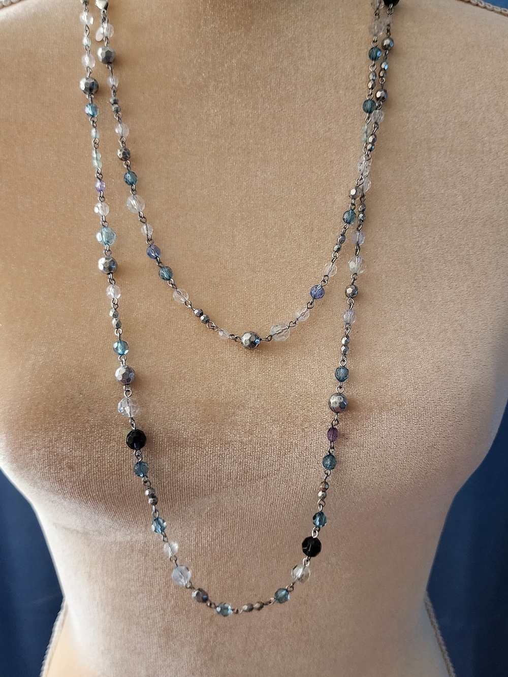 Long Multicolor Glass Bead Necklace with Silver Accents
